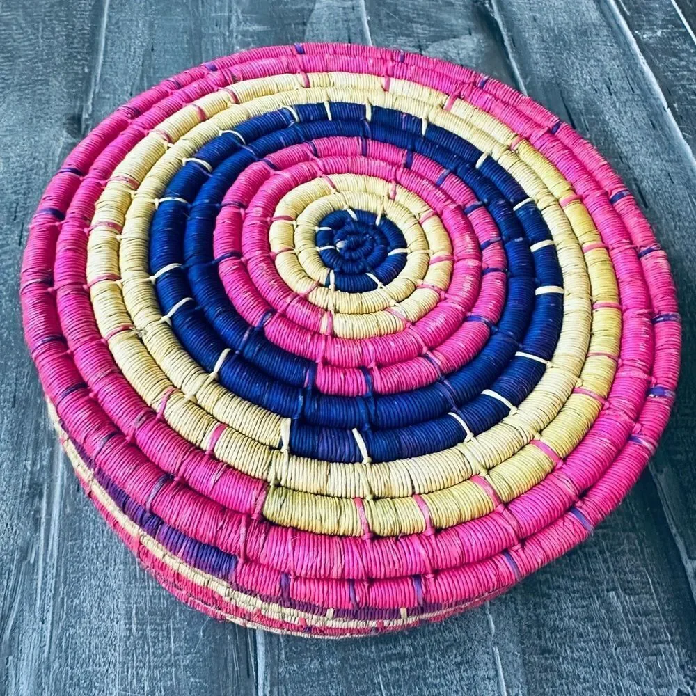 Bohemian Pink Hand Woven Straw Baskets Decor Bundle Lot